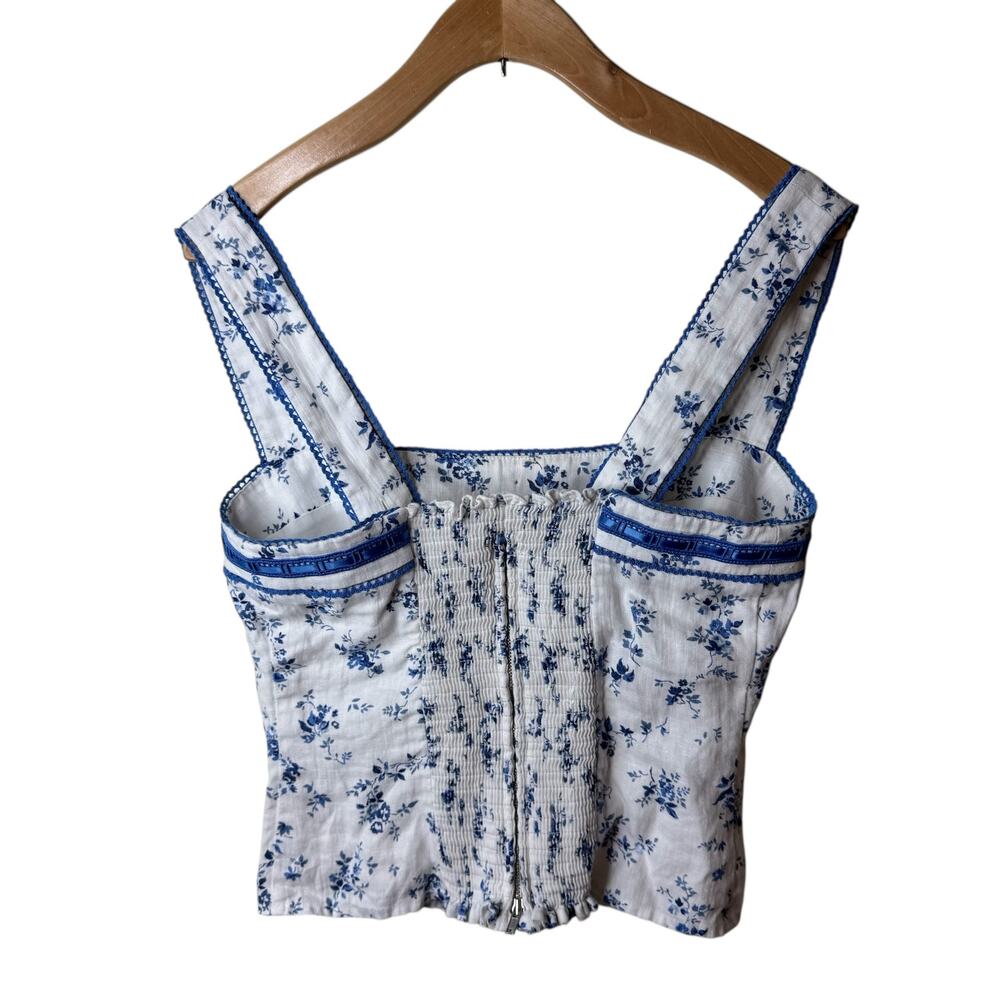 Reformation Eloise Floral Smocked Linen Cottagecore Tank Orlaya White Blue - Picture 2 of 9